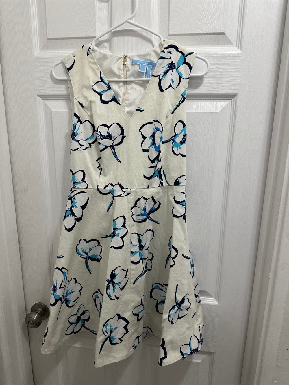 Draper James White Floral A-Line Dress with Blue Accents